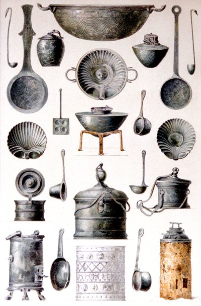 Reproduktion af køkkenredskaber, fra Pompejis huse og monumenter, af Fausto og Felice Niccolini, bind IV, supplement, tavle XVII af Fausto and Niccolini Felice Niccolini