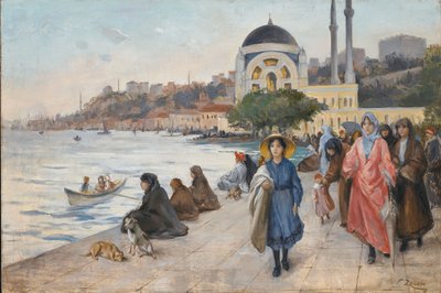 Mafalda på bredden af Bosporus, Dolmabahce-moskeen i baggrunden (olie på lærred) af Fausto Zonaro