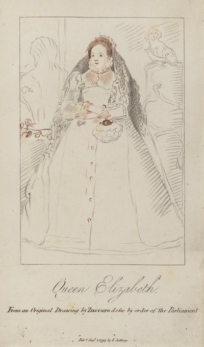 Dronning Elizabeth I (farvet gravering) af Federico (after) Zuccari or Zuccaro