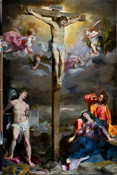 Kristi korsfæstelse med Vor Frue, Sankt Johannes Evangelisten og Sankt Sebastian af Federico Fiori Barocci or Baroccio