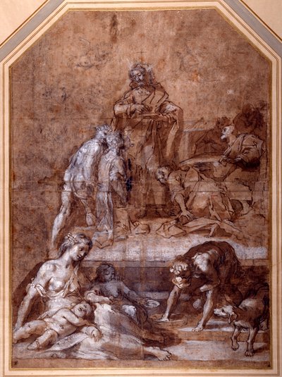 Religiøs allegori, indsamlingen af Manna og eukaristiens institution (pen & blæk og kridt med vask, forhøjet med hvidt på papir) af Federico Fiori Barocci or Baroccio