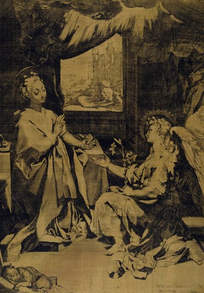 Bebudelsen (ætsning, gravering og tørnål på gul silketaft) af Federico Fiori Barocci or Baroccio