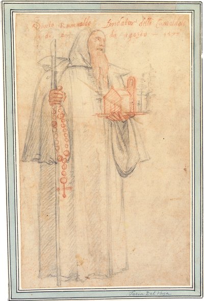 Fra Stefano, procurator for Camaldolites i Vallombrosa, som Saint Romuald, med en model af en kirke og en rosenkrans, 1577 af Federico Zuccaro