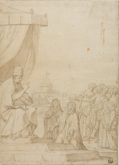 Paven velsigner to kvinder i nærvær af satyr og forsamlede kvinder med Castel Sant Angelo i baggrunden af Federico Zuccaro
