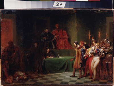 Mosaikkunstnere før rådet af tre i Venedig (Italien) (mosaikkunstnere før rådet af tre i Venedig). Maleri af Feodor Andreyevich Bronnikov (1827-1902). Olie på lærred, før 1886, 25,5 x 37,5 cm, russisk kunst. Staten A. Radishchev kunstmuseum, af Fedor Andreevich Bronnikov