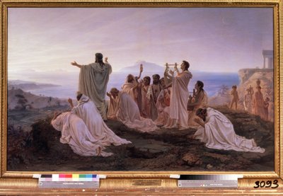 ""The Hymn to the Rising Sun of Pythagoras"" Rituel ceremoni i det antikke Grækenland inspireret af Pythagoras teorier om musik og stjernerne. Maleri af Feodor Andreyevich Bronnikov (1827-1902) 1869 State Tretyakov Gallery Moskva af Fedor Andreevich Bronnikov