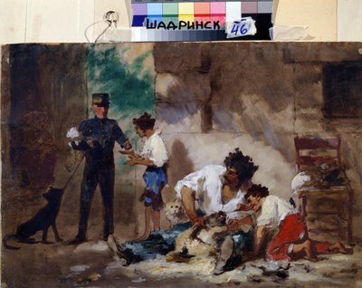 Hundefrisør i Napoli (Italien) (Hundefrisør i Napoli). Værk af Feodor Andreyevich Bronnikov (1827-1902). Olie på pap, 33 x 50 cm, russisk kunst. Museum for regionale studier, Shadrinsk (Rusland). af Fedor Andreevich Bronnikov