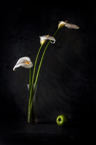 Calla-liljer og æble af Felice Angelino
