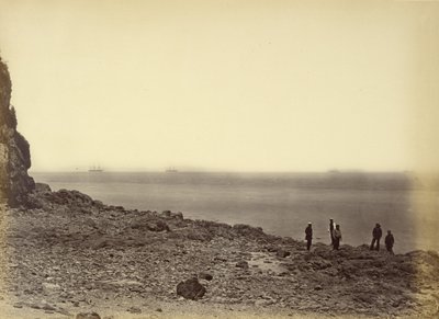 [Udsigt til kysten med skibe i horisonten og fem personer, der står på stranden]. af Felice Beato