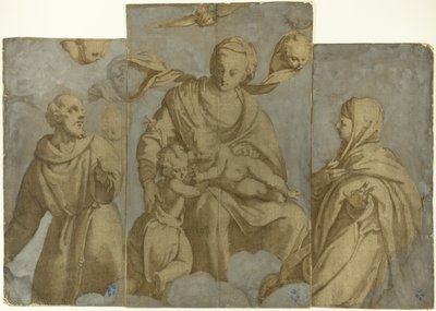 Jomfruen og barnet med Johannes Døberen og de hellige Frans af Assisi og Klara af Felice Brusasorci