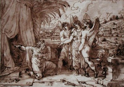 Abraham og englene (pen og brunt blæk, brun vask over blyant på papir) af Felice Giani