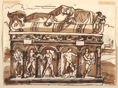 Tegning, En romersk sarkofag i Vatikanmuseet, ca. 1820 af Felice Giani