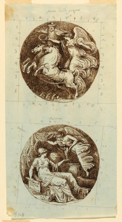 Tegning, En bevinget sejr på en vogn; En bevinget sejr, der kroner Minerva; to rundeller, ca. 1805 af Felice Giani