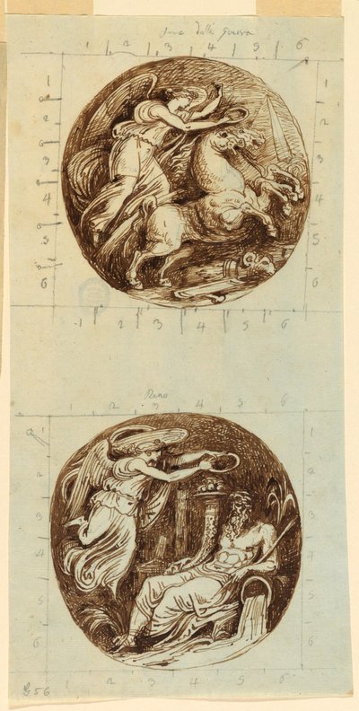 Tegning, En bevinget sejr på en vogn; En bevinget sejr, der kroner en flodgud, Reno; to rundeller, ca. 1805 af Felice Giani