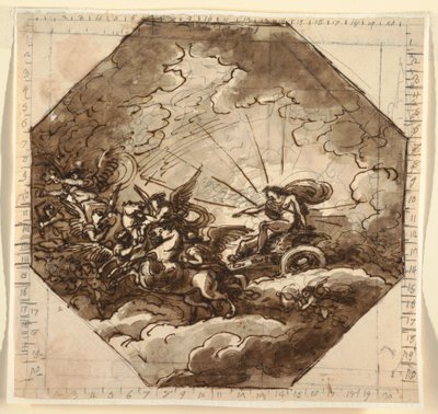 Tegning, Apollo i sin vogn med Aurora, Sala Ottogonale, Palazzo Milzetti, Faenza, 1804-05 af Felice Giani