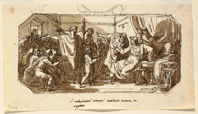 Tegning, loftsdesign: Den romerske ambassadør beder sabineren Numa Pompilius om at regere over Rom, Sala di Numa Pompilio, Palazzo Milzetti, Faenza, 1802-05 af Felice Giani