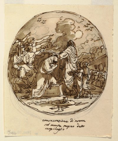 Tegning, loftsdesign til indvielsen af Numa, Sala di Numa Pompilius, Palazzo Milzetti, Faenza, 1802-05 af Felice Giani