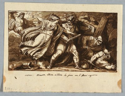Tegning, ark fra en skitsebog: Minerva beordrer Odysseus til at slutte fred med Penelopes bejlere (Minerva induce Ulisse alla pace con i Proci), før 1805 af Felice Giani