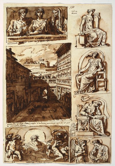 Tegning, forskellige kunstværker.  Hoffet i Palazzo Mattei i Rom, 1812-14 af Felice Giani
