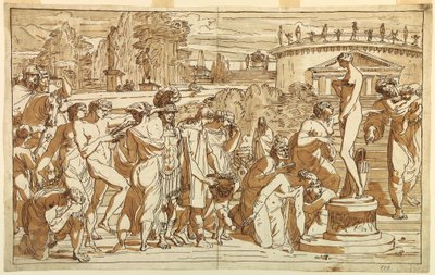 Tegning, Tilbedelse af Venus i et klassisk landskab, ca. 1820 af Felice Giani