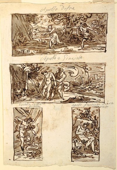 Fire tegninger af myten om Apollon; Udsmykning af en væg over en kappe, Sala di Apollo, Palazzo Cavina, Faenza af Felice Giani