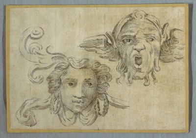 Maske med krans og ører; Maske med skæg og ører af Satyr af Felice Giani