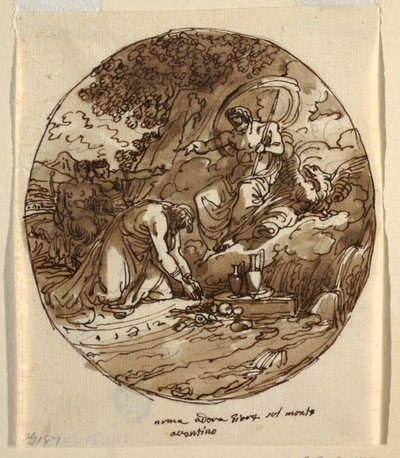 Numa Pompilius tilbeder jove på Aventinen, loftdesign til Sala di Numa Pompilius, Palazzo Milzetti, Faenza af Felice Giani