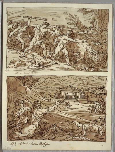 Remus kører væk og dræber flokkernes røvere; Helligdom for de flygtninge på Campidoglio, to studier efter Carracci af Felice Giani