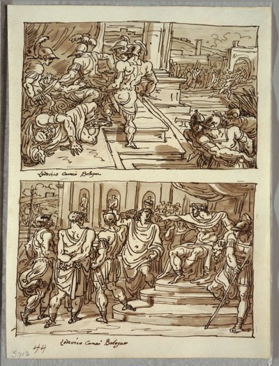 Remus dræber Kong Amulius; Remus førte i Lænker for Kong Amulius; To undersøgelser efter Carracci af Felice Giani