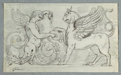 Skulpturfrise med halvfigur af Winged Boy og Griffon af Felice Giani