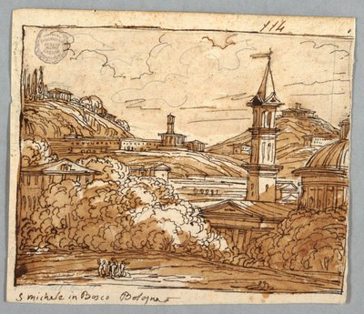 Skitsebogsside, Folio 57: Studie efter Michele i Bosco, Bologna; Verso, arkitektoniske detaljer af Felice Giani