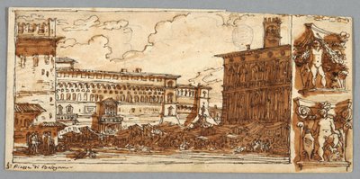 Skitsebogsside, Folio 57: Studie efter Piazza Emmanuelle i Bologna; Verso, arkitektonisk detalje af Felice Giani
