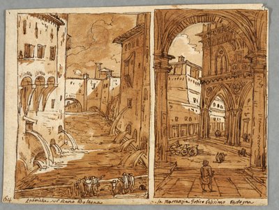Skitsebogsside, Folio 64: Studie efter Bolognesisk arkitektur og skulptur; Verso: Geometriske designs af Felice Giani