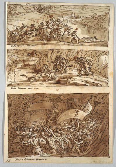 Skitsebogsside, Folio 95: Tre malerier efter Giulio Romano; Verso: Løve og Ørn af Felice Giani