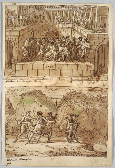 Skitsebogsside, Folio 98: To malerier efter Caravaggio og Raphael; Bagside: Ørn og Okse af Felice Giani