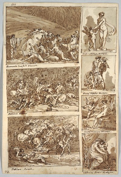 Skitsebogsside: Studier efter malerier i Ferrara, Rom, Bologna, Mantua efter kunstnerne Tibaldi, Raphael, Andrea del Sarto og Polidoro; Bagside: Fugleskelet og hestehoved af Felice Giani
