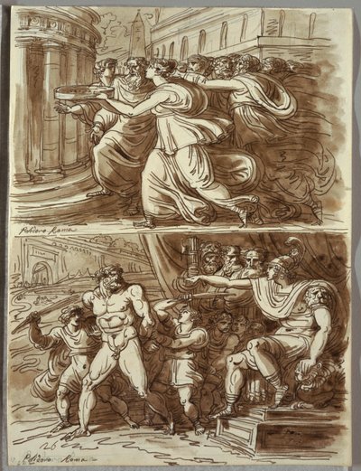 Vestal Tuccia bærer vand i sigte; To studier efter Polidoro da Caravaggio af Felice Giani