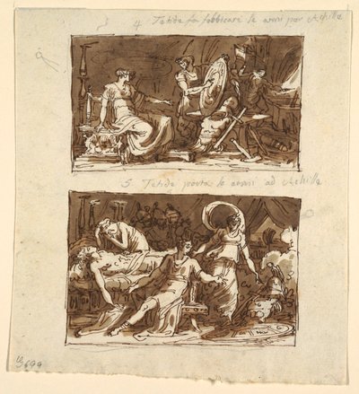 Thetis i Hefaistos Værksted; Thetis viser rustningen til Achilles: To designs til loftspaneler i Galeria d
