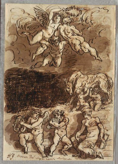 Tre Putti med krans; Romulus og Remus Amning fra She-Wolf; To Putti, der spiller bækkener af Felice Giani