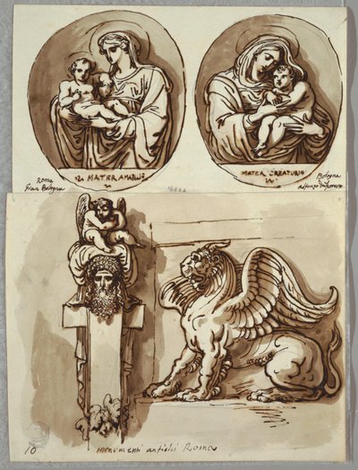 To Tegninger af Madonnaen og Barnet i Ovaler, Studier efter Giambologna og Alfonzo da Ferrero; Herm og Chimera, efter Antik af Felice Giani