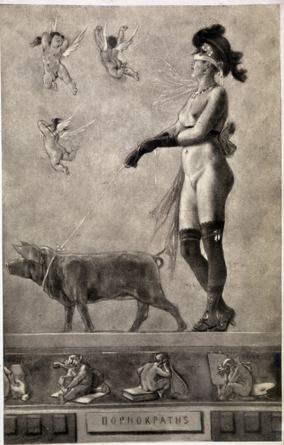 Pornokrates (Nøgen kvinde, øjne strimler, omgivet af engle og holder en gris i snor) - tegning af Felicien Rops (1833-1898) af Félicien Rops