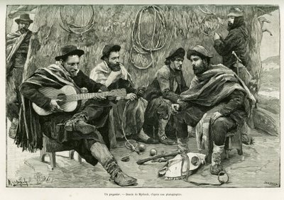 En payador, duel i vers af gående sangere. Gravering af Myrbach, for at illustrere historien Voyage a la Plata, i 1886, af Emile Daireaux, i le tour du monde 1888, instrueret af Edouard Charton (1807-1890), Hachette, Paris. af Felicien baron de Myrbach-Rheinfeld