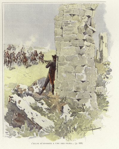 En soldat læner sig op ad en ødelagt mur, mens han tager sigte på det modkørende overfald af Felicien baron de Myrbach-Rheinfeld