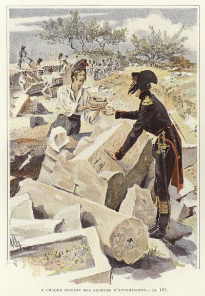 En soldat sender en gryde til en anden soldat blandt ruinerne af Nicopolis af Felicien baron de Myrbach-Rheinfeld