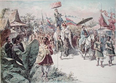 Cortege for guvernøren i Hanoi, ca. 1870-80 (farve litho) af Felicien baron de Myrbach-Rheinfeld