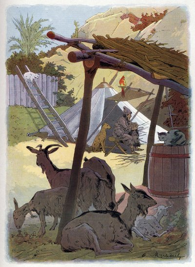 Robinson Crusoe hjem med sine dyr. af Felicien baron de Myrbach-Rheinfeld