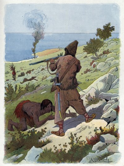 Robinson Crusoe dræber de vilde, der jagter fredag. af Felicien baron de Myrbach-Rheinfeld