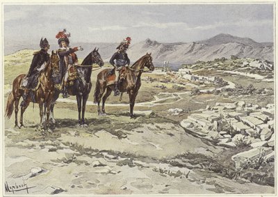 Soldater på hesteryg ved opmåling af Nicopolis af Felicien baron de Myrbach-Rheinfeld