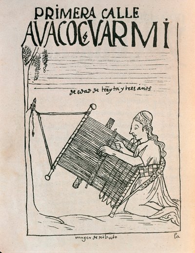 En kvindelig væver, der bruger en væv (blæktegning af Felipe Huaman Poma de Ayala