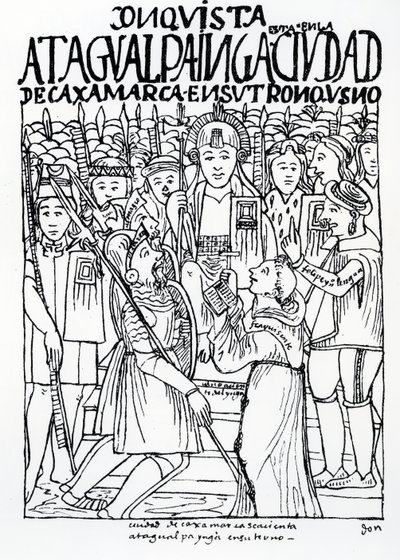 Diego de Almagro, Francisco Pizarro og broder Vicente de Valverde knæler foran Atahualpa Inca ved Cajamarca af Felipe Huaman Poma de Ayala